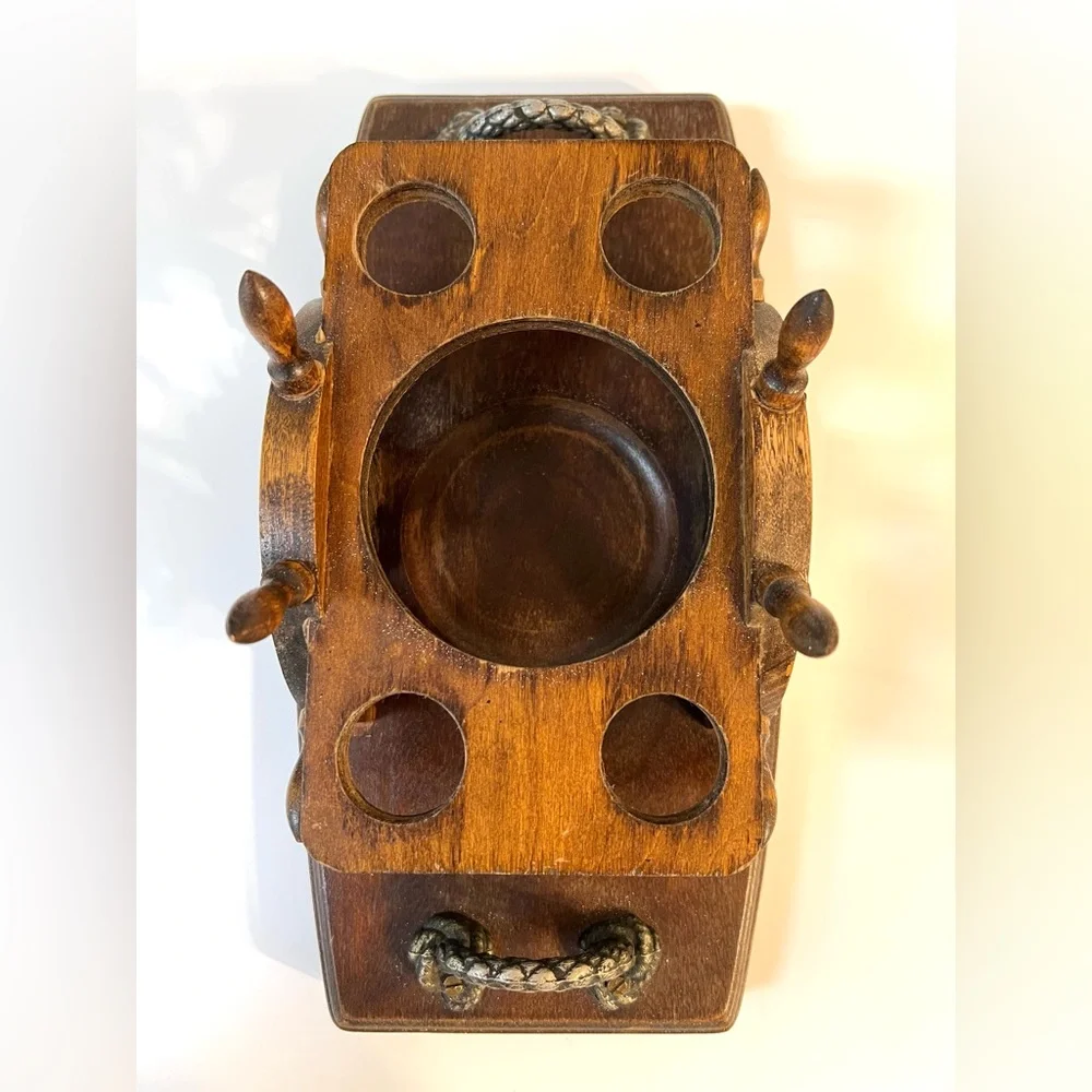 VTG Wooden Stand Ship's Wheel Serving Bar Tray for Bottle & Shot Glasses Handles